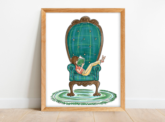 Print Of A Girl Reading Book in Chair - Nook Wall Art Kids Drawing For Classroom Girls Room Decor Teen Girl