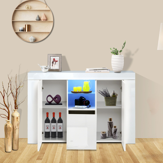 CTEX Modern Wood White UV Coated Storage Cabinet with LED Lights, 1 Large Storage Drawer and Shelves