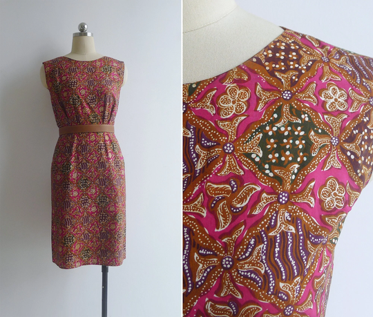 Vintage 60's 70's Fuchsia Pink Batik Pencil Dress Xs-S