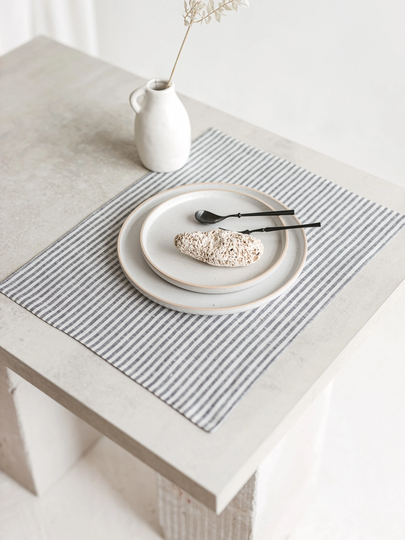 Linen Table Placemats Set, Dining Fabric Place Mats, Double Layered Modern Gray Striped Flax