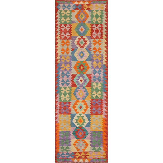 Multi-Color Kilim Geometric Runner Rug Flat-weave Oriental Wool Carpet - 2'9"x 9'9"