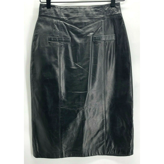 Vintage Toffs Women's Leather Skirt Midi Pencil Black Zip Back Lined Size 4