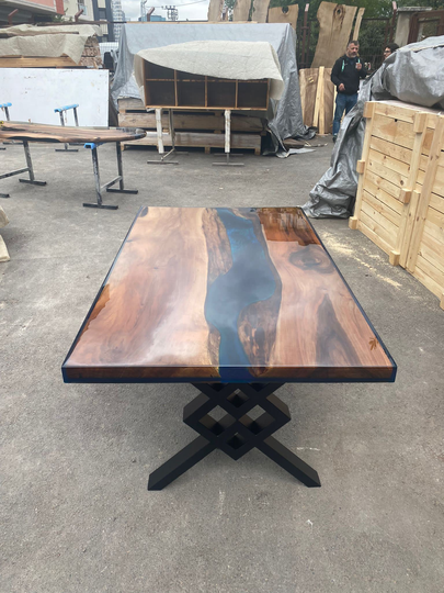 Walnut Dining Table, Custom 60" X 36" Shiny Blue, Turquoise, Green Epoxy Live Edge Order For Angela M