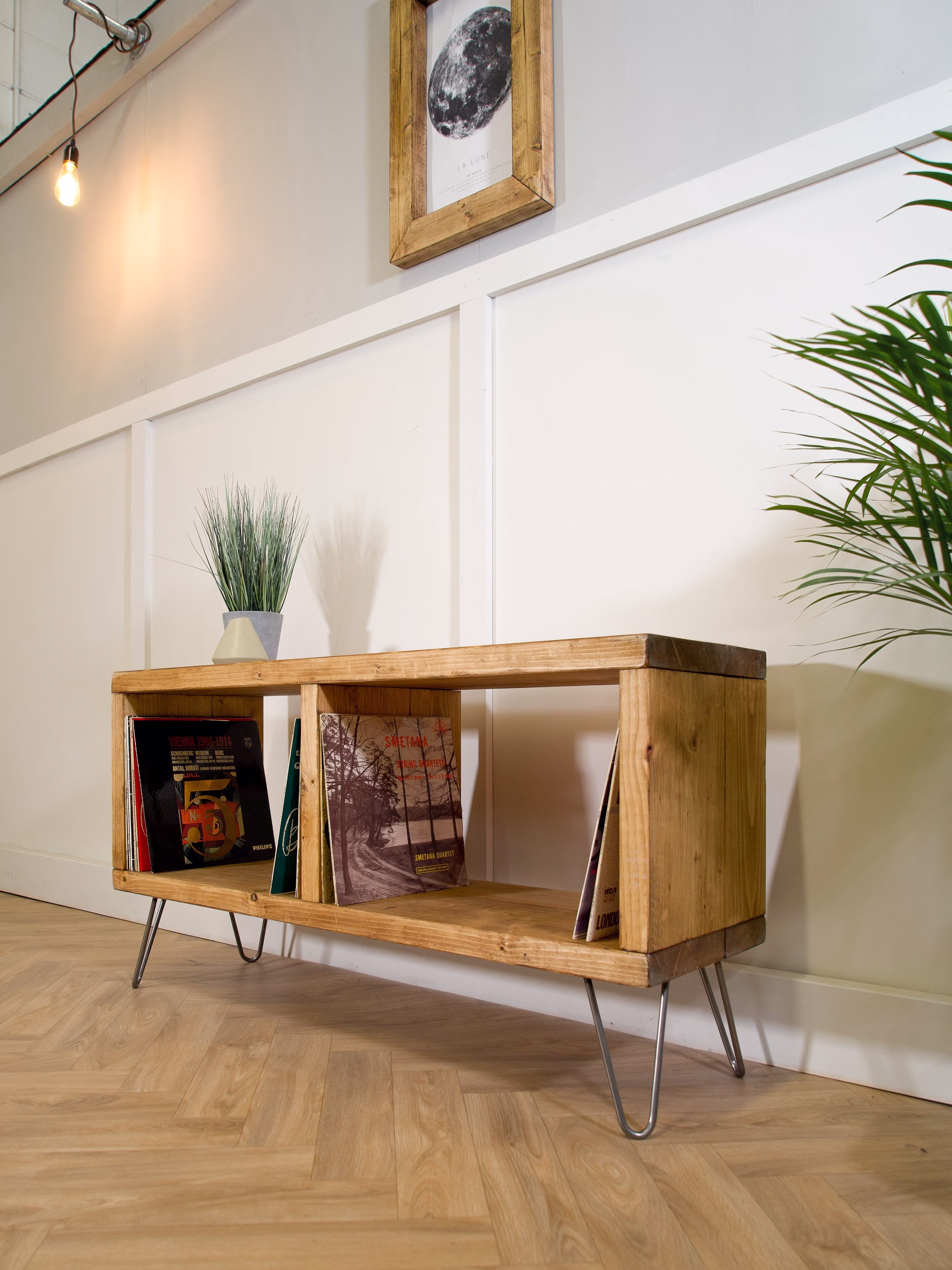 Industrial Record Cabinet | Reclaimed Vinyl Lp Storage Unit Scaffold Board Tv Stand, Wooden Sideboard On Steel Hairpin Legs