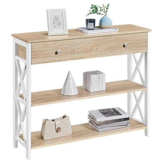 Modern Console Table Drawer 3 Tier Storage Light Oak - 54 x 84