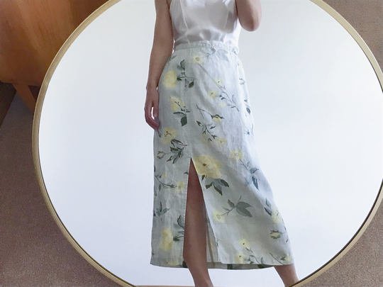 Vintage Skirt Linen Floral Midi Maxi Straight Pencil Green Yellow Size M