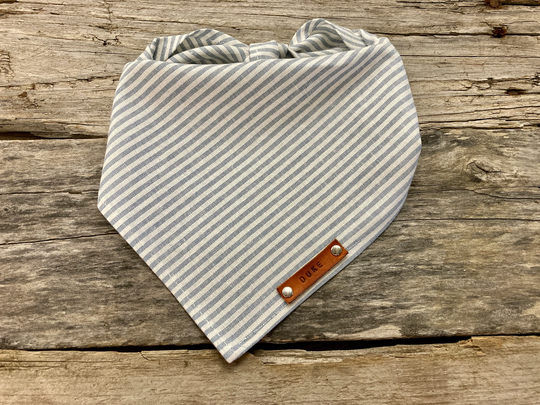 Dog Bandana, Linen Stripes Chambray, Traditional Tie, Personalized Leather Name Tag Bandanna, Scarf, Pet Accessories, Puppy Bandana