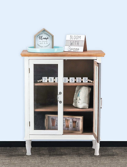 Rustic Farmhouse Buffet Sideboard Kitchen Dining Storage Cabinet With 2 Glass Doors, 3 Shelves, Distressed White Cabinet, Country Vintage42" H
