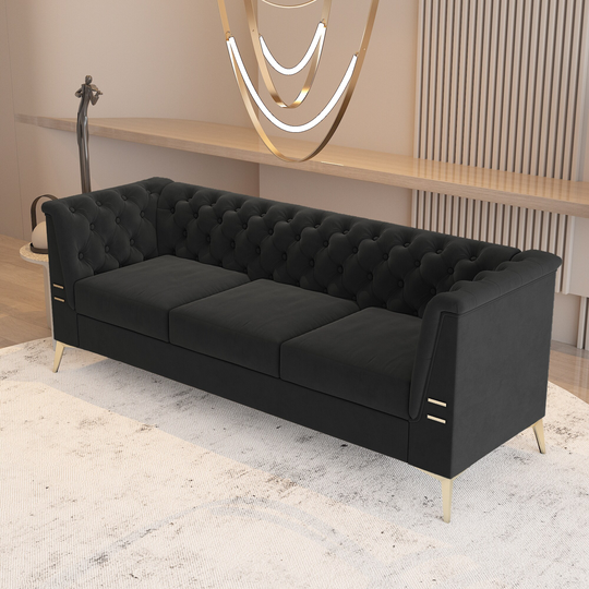 Contemporary Style Point Decoration Velvet Three Seater Sofa, Multiple Cushion Seat, Flared Arm and Tufted Back