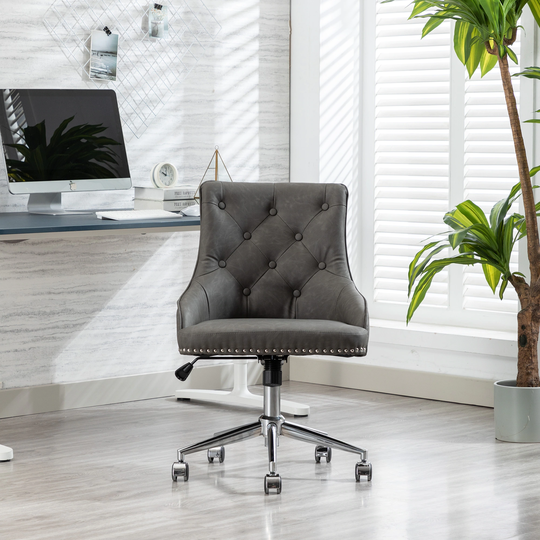 Tufted PU Leather Computer Chair Swivel Height Adjustable Accent Chair with Wheels and Metal Base with Arms