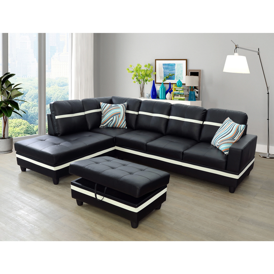 3-Pieces Sectional Sofa Set,Left Facing Black(09511A)