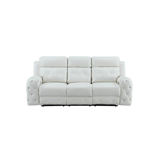 White Leather Gel Cover Power Reclining Sofa In Plushily Padded Seats Jewel Embellished Tufted Design Along With Recessed Arm