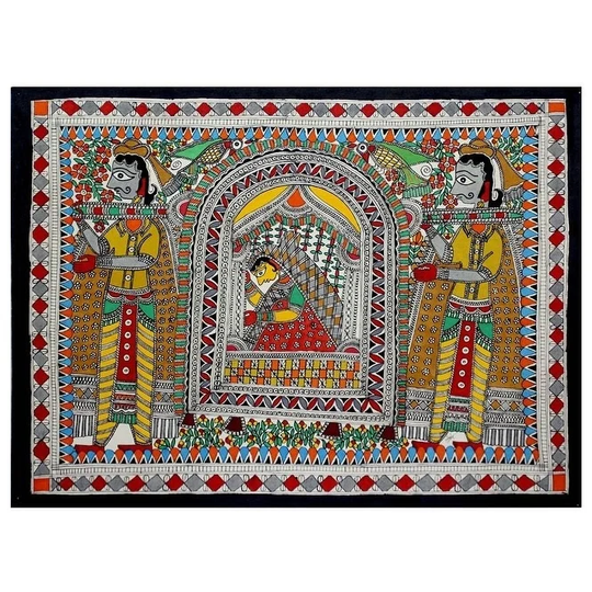 Handmade Bridal Procession Madhubani Painting (India) - Multi-color