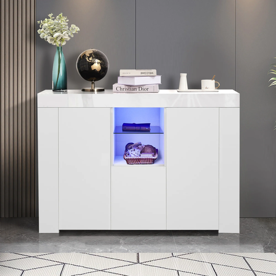 Kitchen Sideboard Cupboard with Led Light, White High Gloss Dining Room Buffet Storage Cabinet Hallway with Drawer & 2 Doors