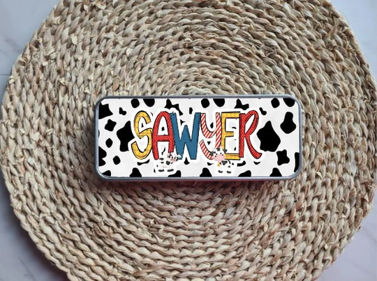 Cow Print Personalized Tin Pencil Case, Back To School, School Supplies, Case For Kids, Name Box