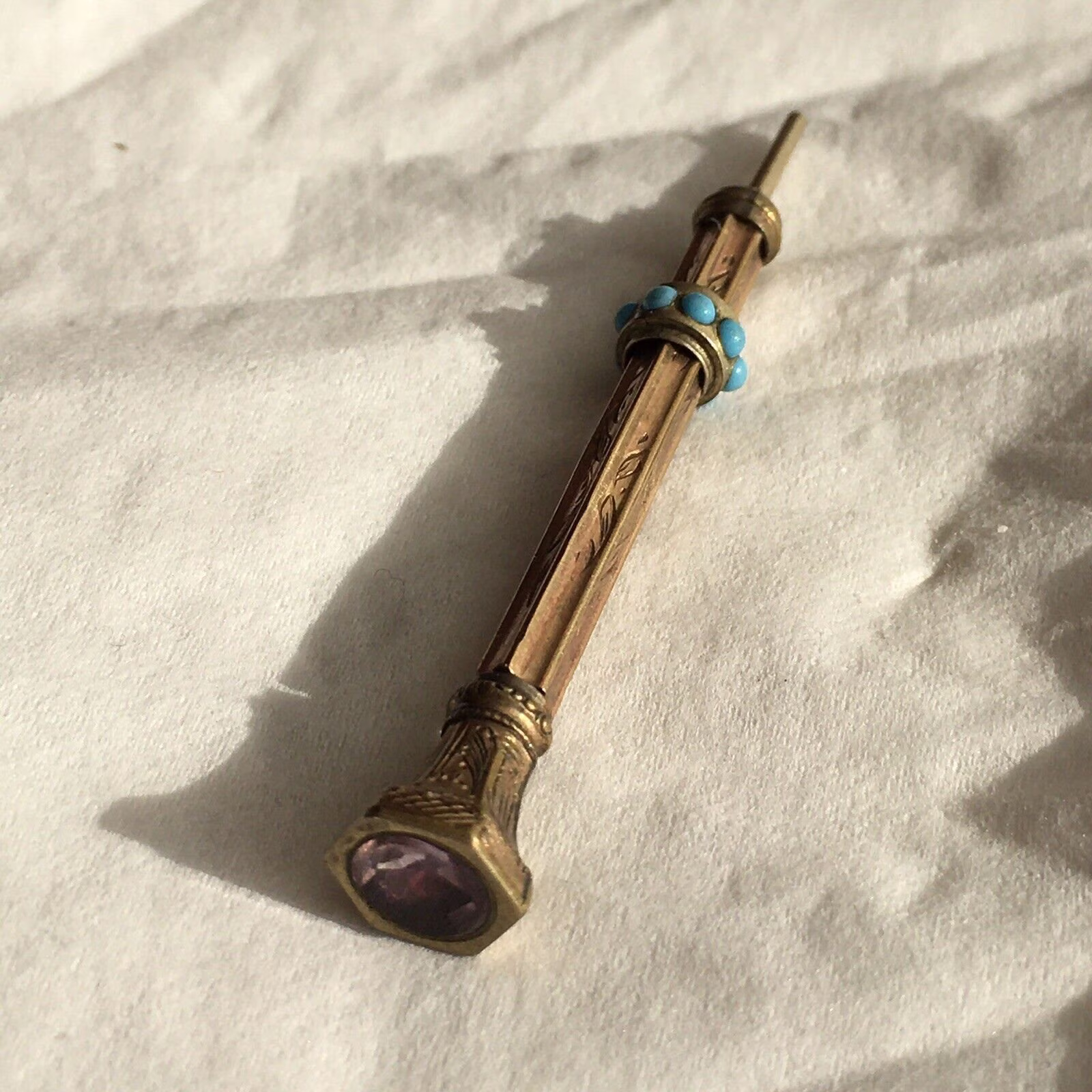 Antique 1800's Gold Mechanical Pencil Turquoise Jeweled