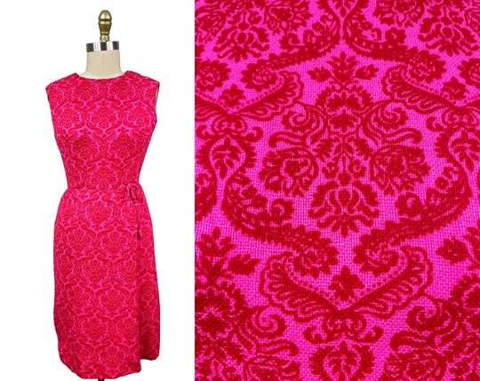 Vintage 1960S Red Pink Damask Print - Pencil Tank Sleeve Waist 26.5"