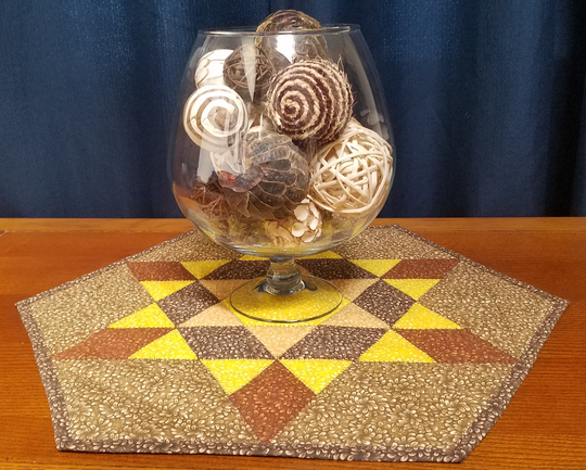 Huge Ozark Star Table Topper, Centerpiece, Candle Mat, Cotton Quilted, Embroidered, 20 By 23 Inches, Yellow N Shades Of Brown Flower Petals