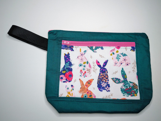 Floral Bunnies On White, Small Project Bag, Pencil Pouch, Purse, Case, Handmade, Zippered #0029
