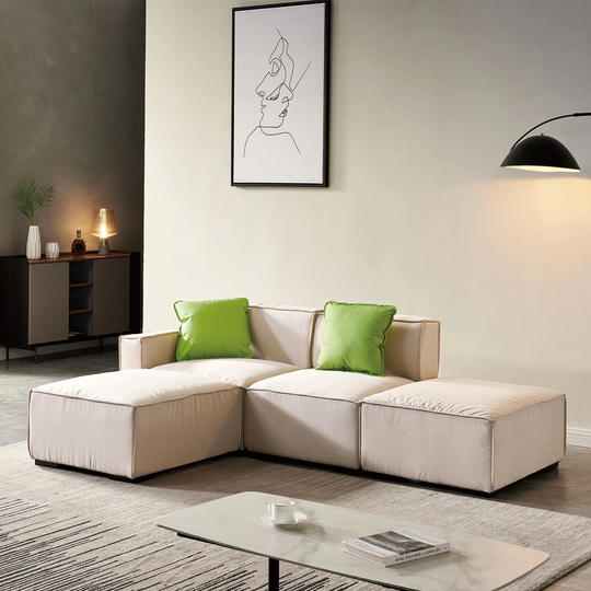 Comfortable Modular Sectional Sofa for Living Room, Modern Linen L Shaped Convertible Couch with Reversible Ottoman & 2 Pillows