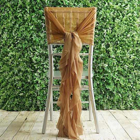 Gold Premium Curly Chiffon Chair Cover Cap With Sashes