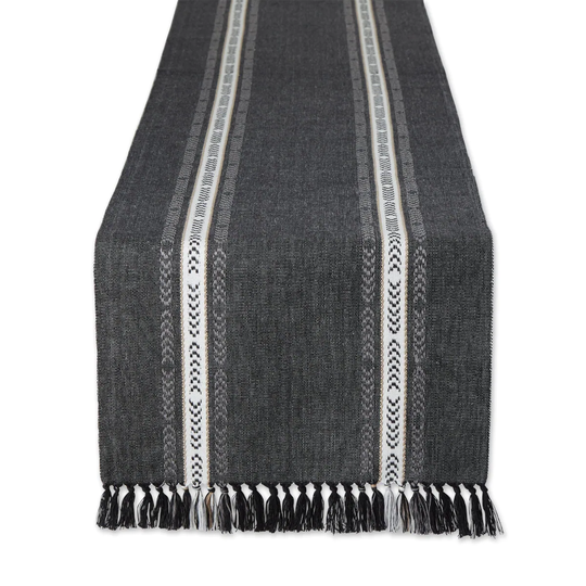 72" Black and White Striped Fringe Ribbed Table Runner