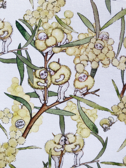 May Gibbs Gumnut Babies & Wattle Blossom Floral Quilting Organic Cotton Fabric By 1/4, 1/2 Yard Or Fat Quarter, Australian