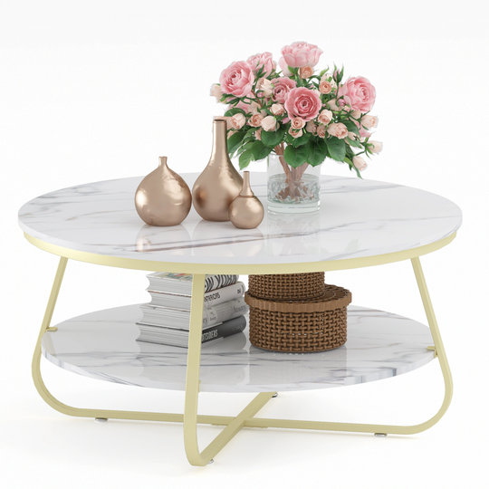 Elephance Round Coffee Table with Open Storage, 38.5 Inch Sofa Table Cocktail Table for Living Room