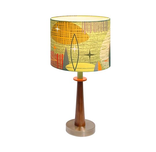 Midcentury Atomic Table Lamp, Retro Green Shade, Walnut & Bronze Base, New