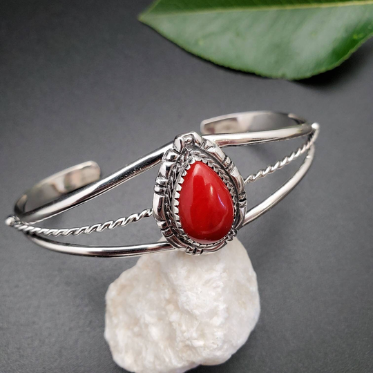 Socute925 Dainty Red Coral Cuff Bracelet | Sterling Silver Teardrop Bamboo Southwest Made in Usa
