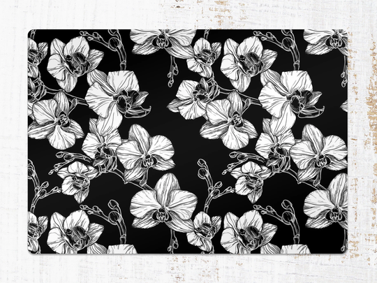 White Flower Drawing Chair Mat, Black Vinyl Floor Beige Protective Orchid Splat Office Decor, Decorative Gift Idea