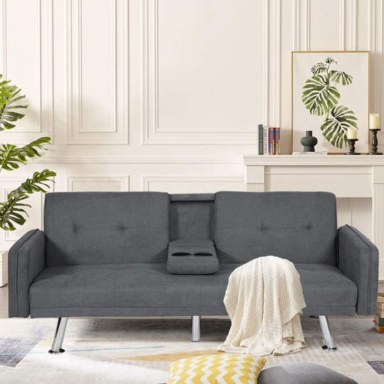 Mieres Mid-Century Modern Linen Fabric Upholstered Sauqre Arm Sofa, Tufted Convertible Futon Bed for Living Room