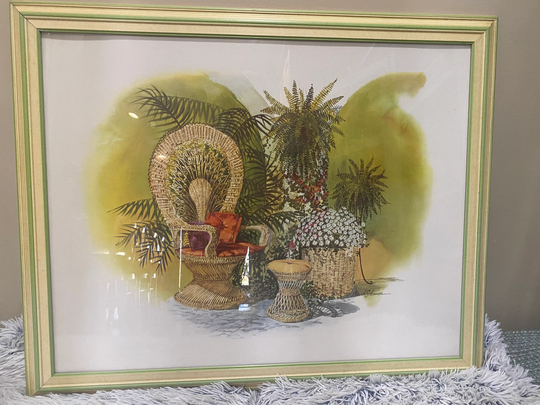 Vintage Boho Peacock Wicker Chair Plants Flowers Framed Print Rattan 1970S Large
