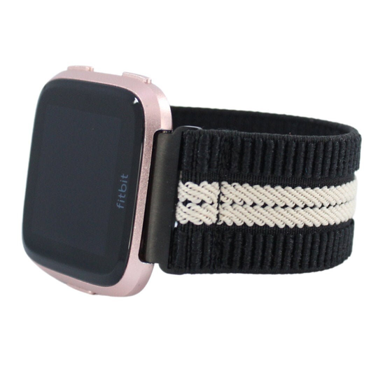 Elastic Fitbit Versa Watch Band - Fits 1/2 Lite Black Textured Off-White Stripe Pattern Dressy Formal Fashion Smart