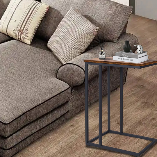 C Shaped Rustic Brown End Table Wood Grain Finish Sofa Table Vintage Industrial Bedside Table with Metal Frame