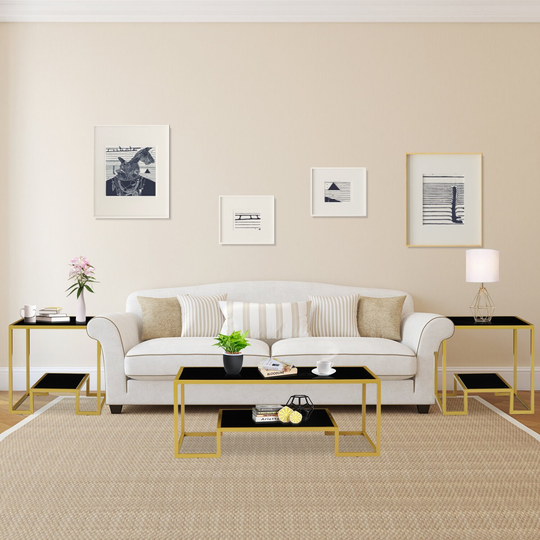 Glass Coffee Table & End Table Set, Modern Tempered Glass Center Table with Open Storage Shelf Rectangle Tea Table