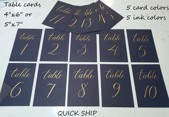 Table Number Cards in Hand Written Calligraphy - 7 Ink Colors, Cardstock 2 Sizes Quick Ship Dinner Wedding, Party, Any Event