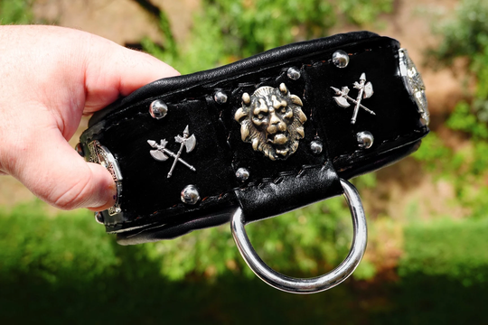 Handmade Black Leather Dog Collar With Lion & Celtic Conchos - Soft Padding Heavy Duty Buckle Perfect For Big Strong Dogs