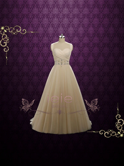Vintage Style Champagne Cap Sleeves Tulle Wedding Gown Evening | Emilee