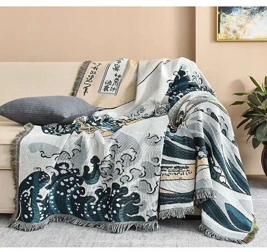 Great Ocean Wave Tassel Cotton Sofa Towel Blanket. Living Room Kanagawa Throw Blanket Tapestry With Fringe. Sea Nautical