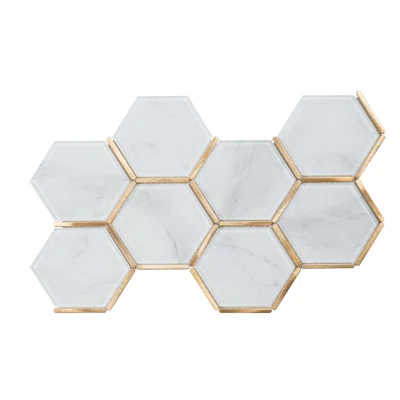 Super White Calacatta Color Crystal Glass Gold Metal Trim Hexagon Mosaic Sheet Tile By Modket