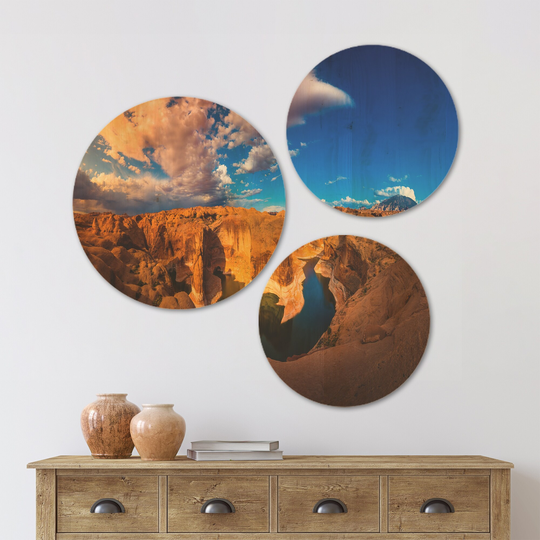Designart 'Reflection Canyon Lake Powell' Landscape Wood Wall Art Set of 3 Circles - Multi-Color