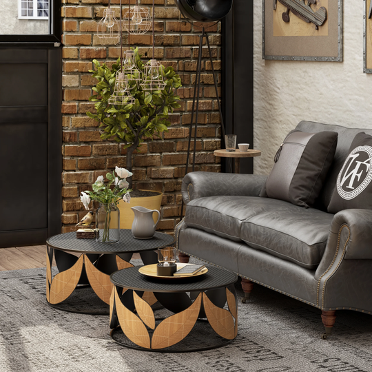 COZAYH Modern Farmhouse Coffee Table Set of 2, Round Coffee Table Fully-Assembled Table with Leaf Decoration for Living Room