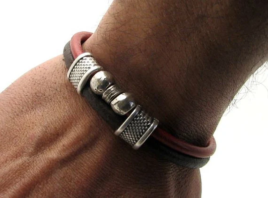 Christmas Gift For Him, Men's Leather Bracelet, Red & Brown Leather Boyfriend Bracelet