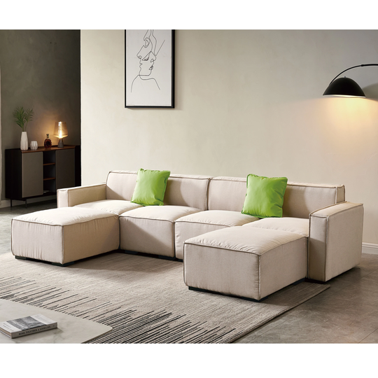 Comfortable U Shape Sectional Sofa for Living Room, 131" Modern Linen Modular Sectional Couch with Reversible Chaise & 2 Pillows