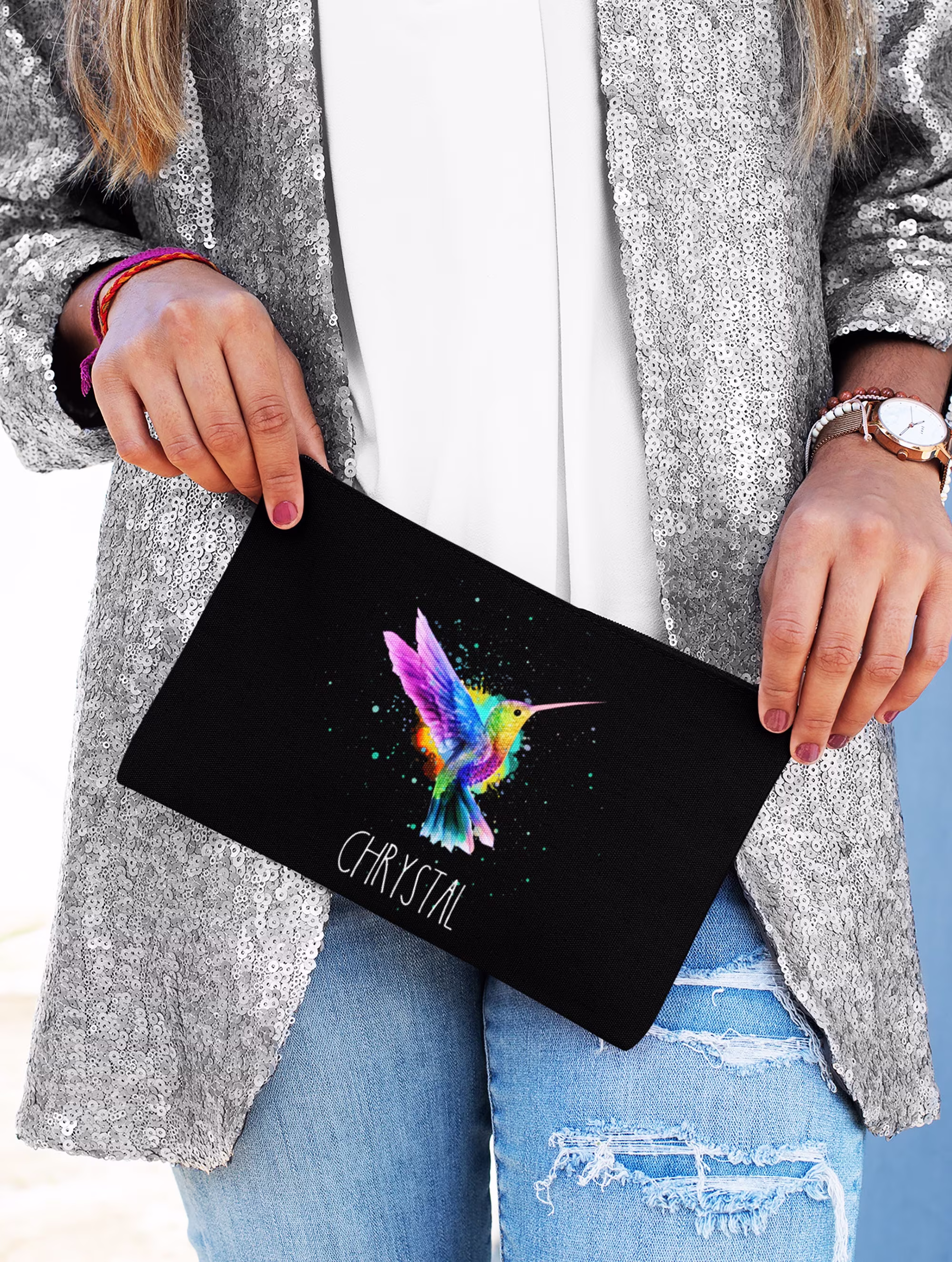 Personalized Hummingbird Cosmetic Bag, Pencil Case, Watercolor Hummingbird, Custom Makeup Pouch, Lover, Gifts