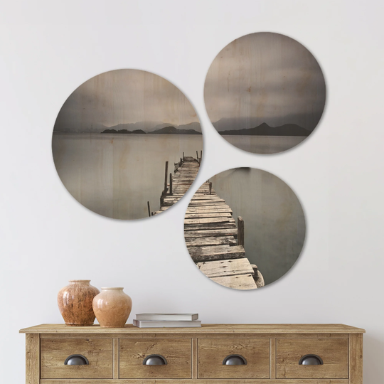 Designart 'Pier and Boats at Seashore' Bridge Wood Wall Art Set of 3 Circles - Multi-Color