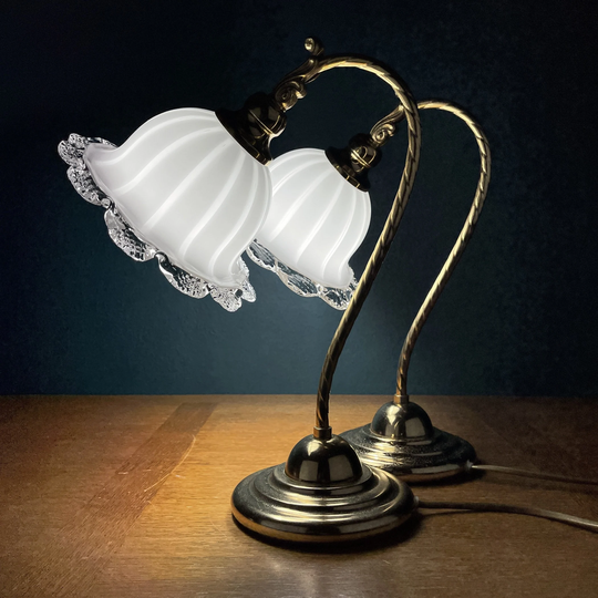 Pair Of Vintage Murano Night Table Lamp Italy 1970S Retro Lamps White & Brass