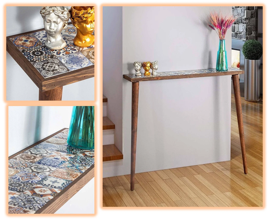 Narrow Wood Console Table With Tiles Wooden Entryway Rustic Sideboard Slimline Entry Tables Wall Mounted Bench Wood Legs