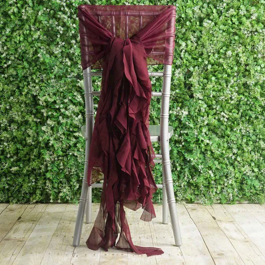 Burgundy Premium Curly Chiffon Chair Cover Cap With Sashes